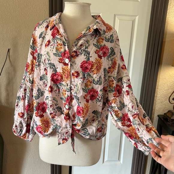 Linen Viscose Blend Floral Tie Front Button Down Blouse - Picture 1 of 6